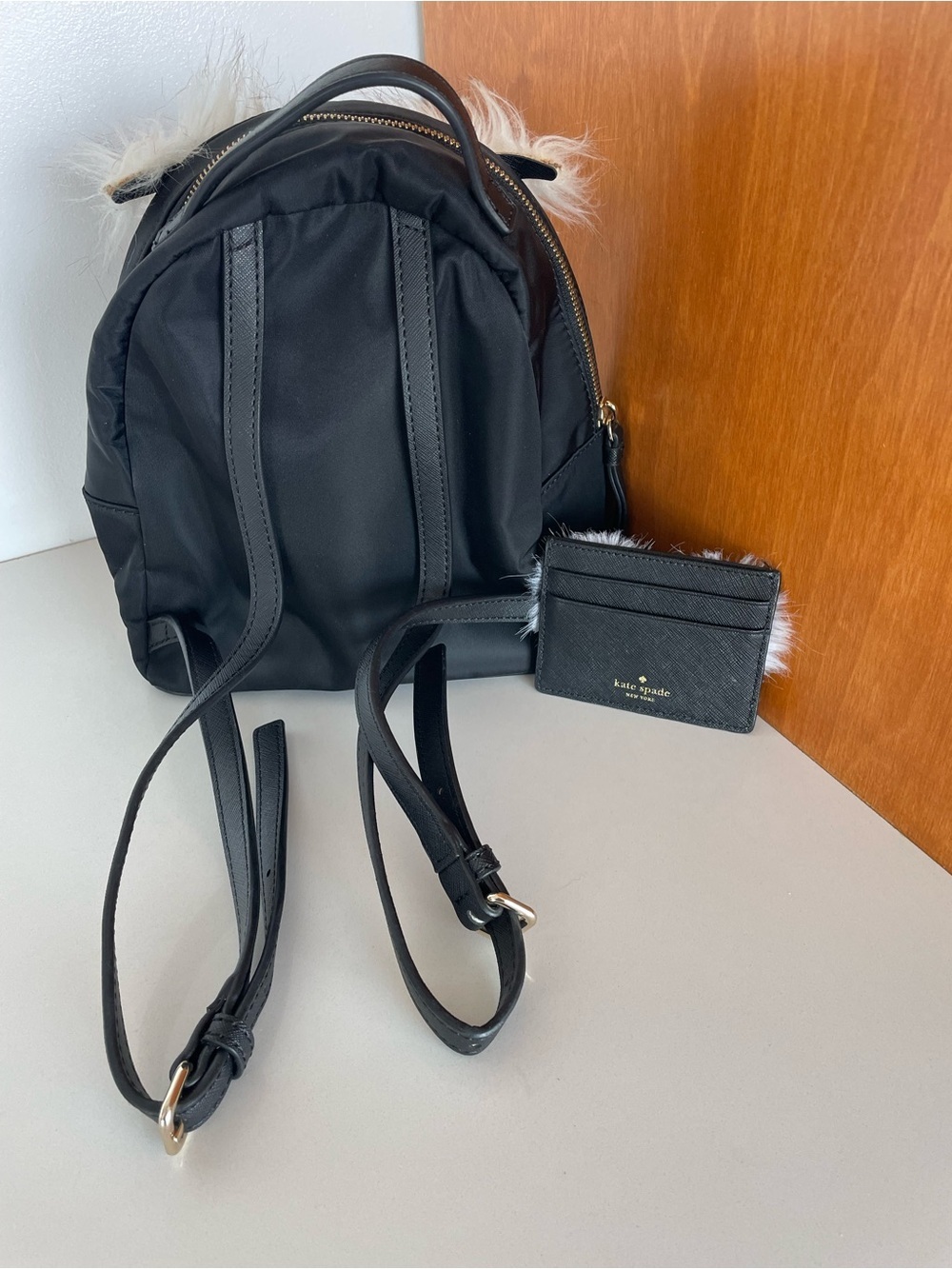 kate spade Black Faux-Fur Owl Backpack with Card Holder - Picture 2 of 6